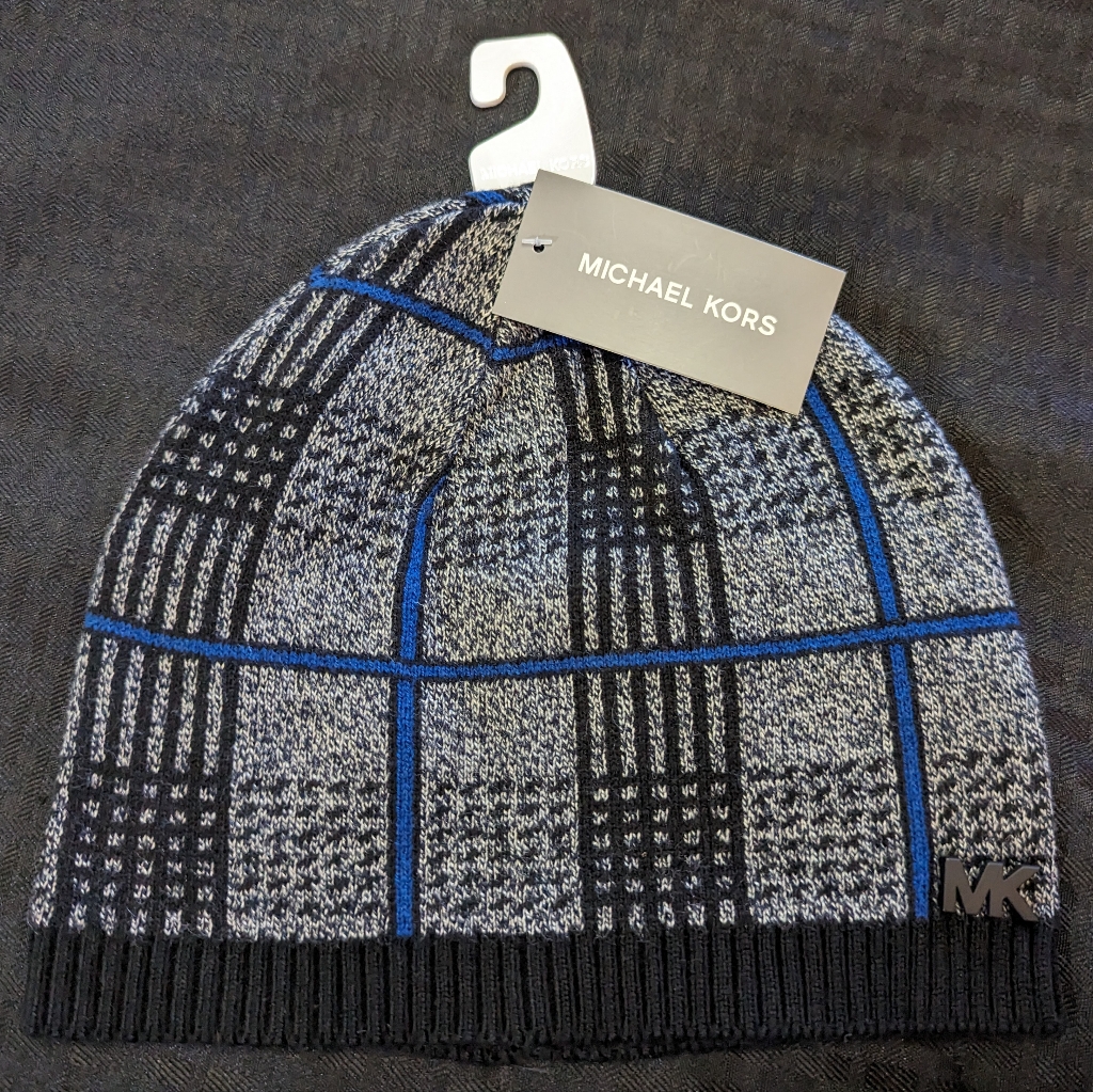 Black And Blue Plaid Michael Kors Mk Logo Beanie.
